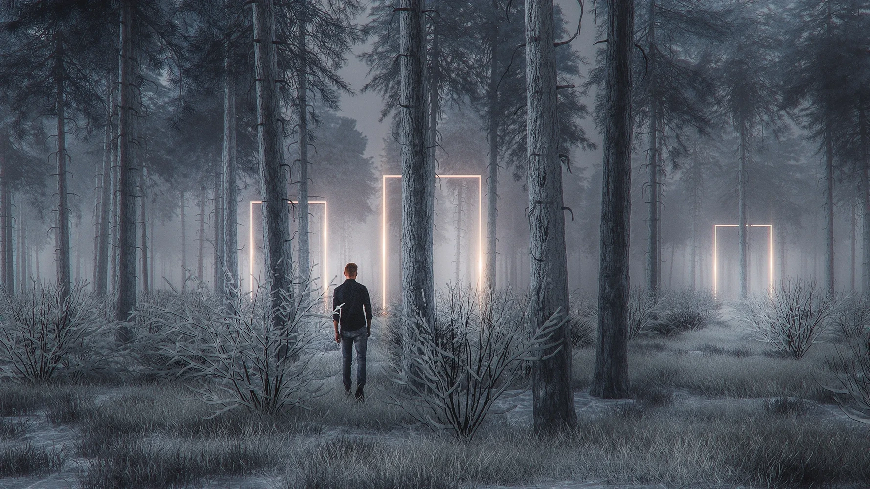 Mysterious forest with glowing lights